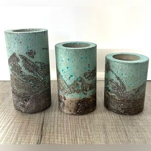 Concrete Pillar Candle Set of 3 Votive Tea light Teal Gray Cylinder Modern